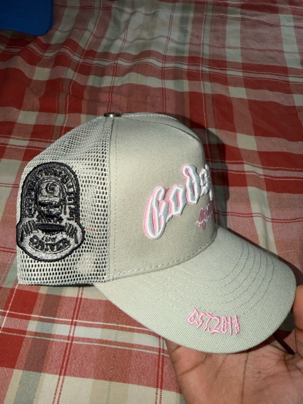 Beige Trucker Hat with Pink Embroidery - Casual Mesh Cap